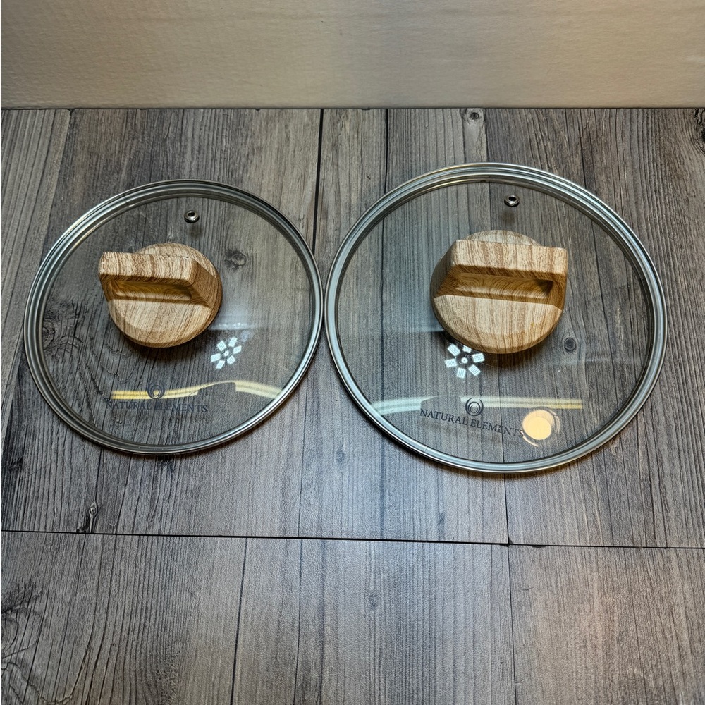 Lot Of 2 Natural Elements Woodstone Lids branded tempered glass pan 7” & 8”